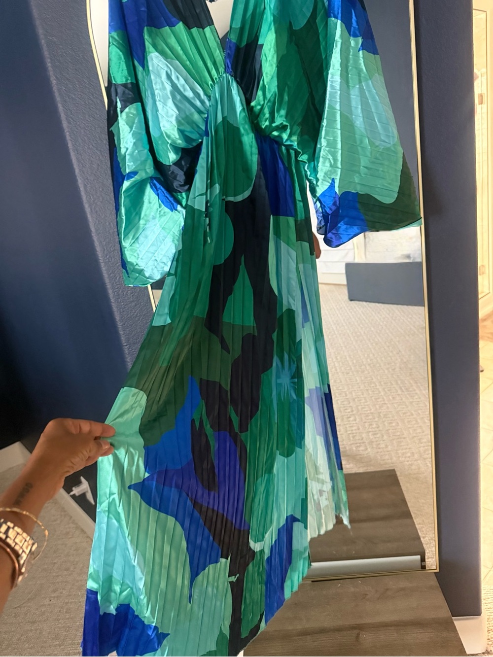 Flowing Pleated Maxi Dress in Blue & Green Colorblock